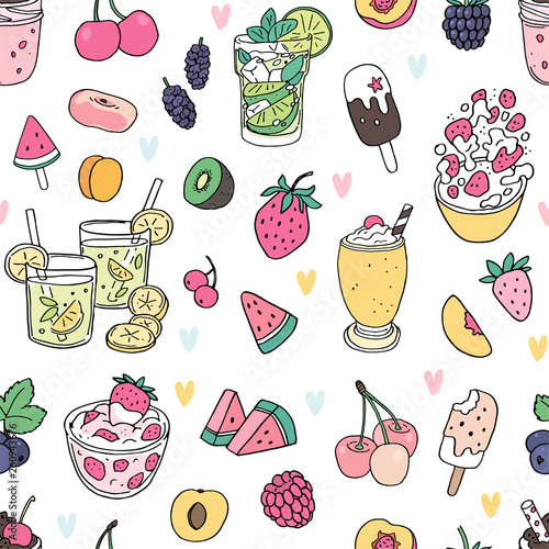 Vector fresh seamless pattern with summer fruits, smoothies, cocktails, watermelon slice, strawberry, cherrry and other food on white background 