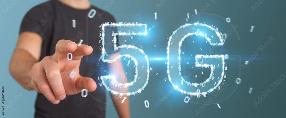 Businessman using 5G network digital hologram 3D rendering Businessman using 5G network digital hologram 3D rendering