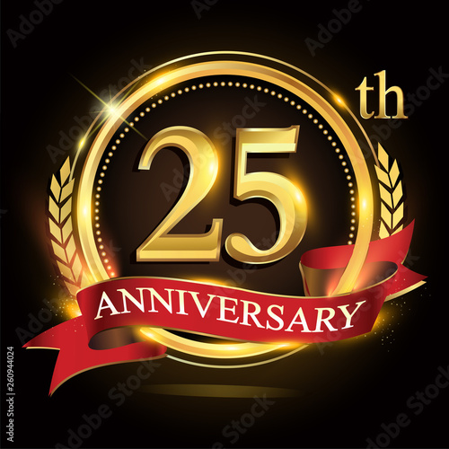25th golden anniversary logo, with shiny ring and red ribbon, laurel wreath isolated on black background, vector design for birthday celebration.