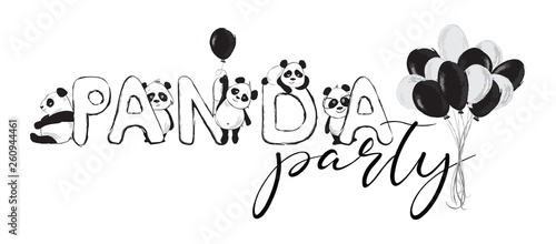 Panda bears banner with cute animals, inscription Panda party and balloons