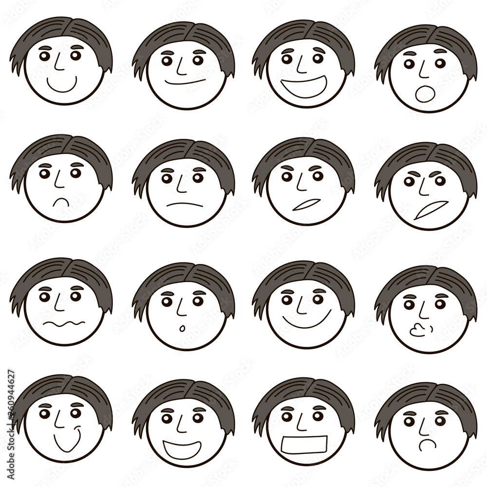 Set of cool vector faces, different emotions. Linear style cute cool face vector, different emotions. Guy character Set of cool vector faces, different emotions. Linear style cute cool face vector, different emotions. Guy character