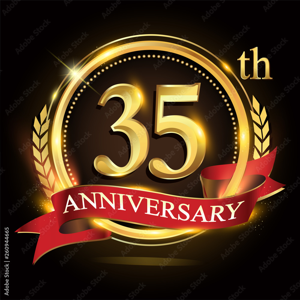 35th golden anniversary logo, with shiny ring and red ribbon, laurel wreath isolated on black background, vector design for birthday celebration.