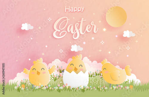 Happy Easter in paper cut style vector illustration.