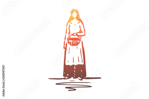 Medieval, woman, dress, costume, ancient concept. Hand drawn isolated vector.