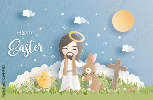 Happy Easter in paper cut style vector illustration.