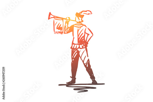 Trumpeter, medieval, trumpet, message, ancient concept. Hand drawn isolated vector.