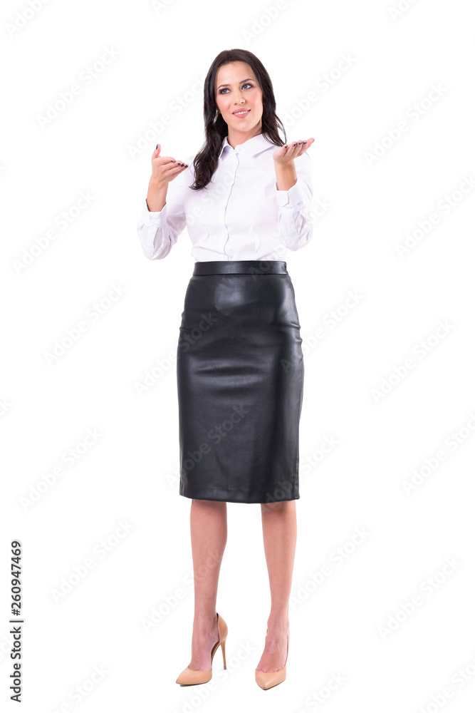 Pretty elegant female business assistant inviting and showing direction gesturing with hand. Full body isolated on white background. Pretty elegant female business assistant inviting and showing direction gesturing with hand. Full body isolated on white background.