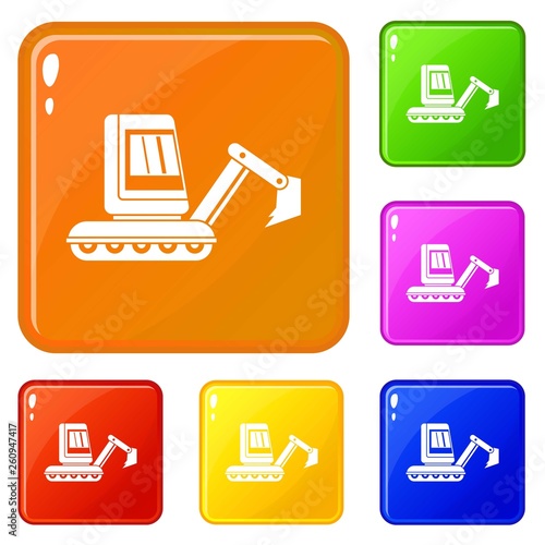 Mini excavator icons set collection vector 6 color isolated on white background