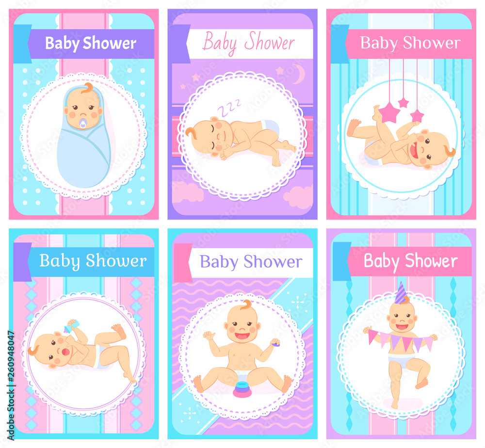 Baby shower vector, kids having happy childhood flat style. Flags and celebration elements, sleeping kiddo, character wearing paper hat, cards set Baby shower vector, kids having happy childhood flat style. Flags and celebration elements, sleeping kiddo, character wearing paper hat, cards set