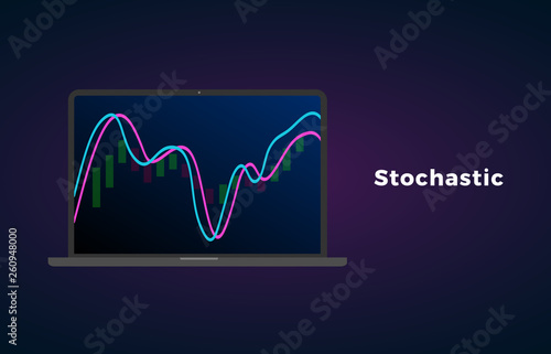 Stochastic oscillator technical analysis indicator on stock market, forex and cryptocurrency trading exchange market. Laptop display screen with graph and candle stick
