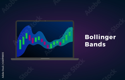 Bollinger Bands technical analysis indicator cloud on stock market, forex and cryptocurrency trading exchange market. Laptop display screen with graph and candle stick