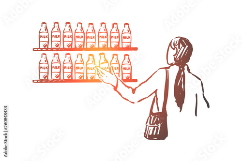 Milk, shop, customer, store bottle concept. Hand drawn isolated vector.
