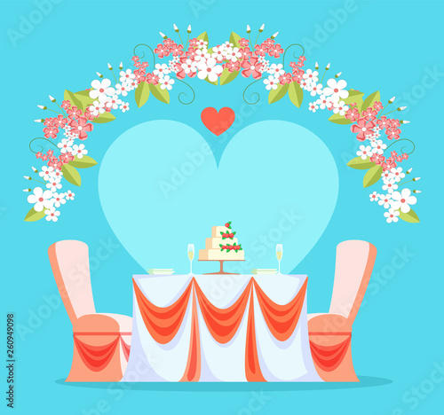 Restaurant wedding reception vector, table and chairs decorated with bows and fabric. Arc made of flowers and foliage, blossom and heart love party