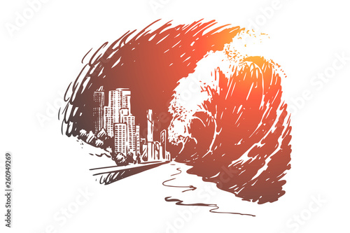 Tsunami, danger, wave, disaster, sea, earthquake concept. Hand drawn isolated vector.