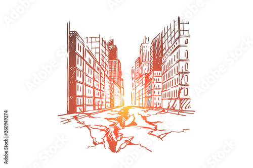 Earthquake, city, disaster, damage, danger concept. Hand drawn isolated vector.