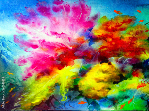 Watercolor abstract bright colorful textural background handmade . Painting of underwater world of coral reef. Modern sea scape © olha