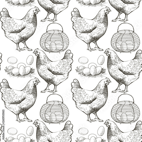 Seamless pattern vector illustration chicken, eggs in the basket vector illustration