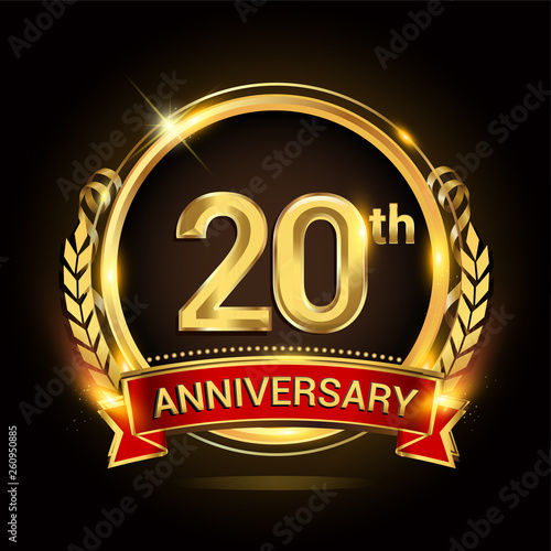 20th golden anniversary logo, with shiny ring and red ribbon, laurel wreath isolated on black background, vector design