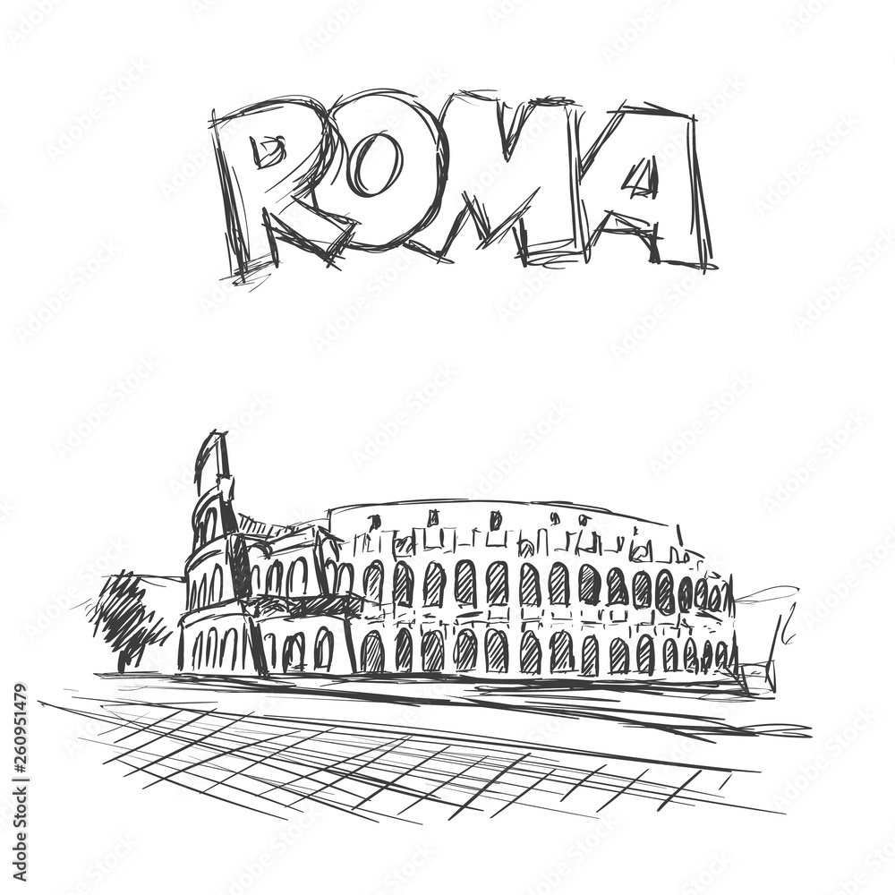 Roman Coliseum. Sight in Rome, Italy. Hand drawn vector sketch with Roma headline text.