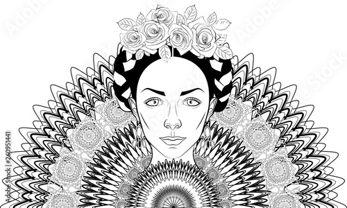 black and white illustration of a beautiful girl with a traditional Mexican hairstyle on the background of openwork ornament