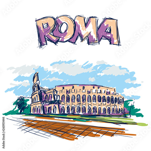 Roman Coliseum. Sight in Rome, Italy. Hand drawn color vector sketch with Roma headline text.