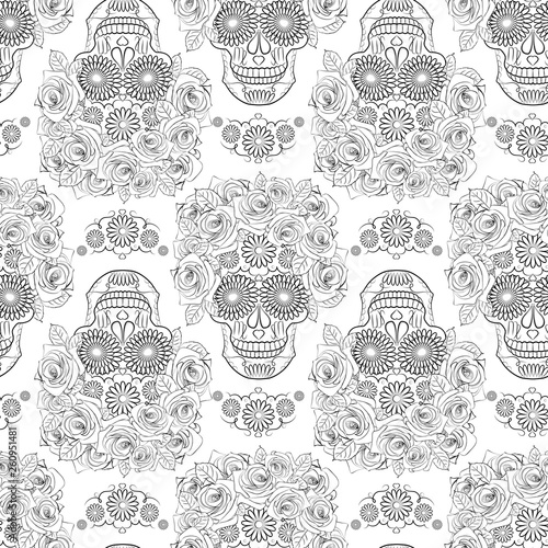 black and white seamless pattern with the image of a skull, the symbol of the traditional Mexican holiday day of the dead and Day of angels
