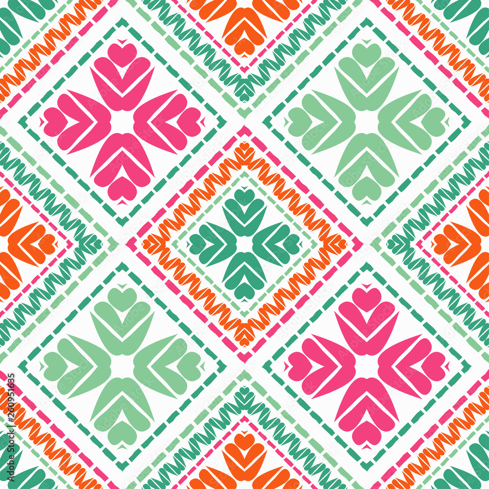 Ethnic boho seamless pattern. Embroidery on fabric. Patchwork texture. Weaving. Traditional ornament. Tribal pattern. Folk motif. Can be used for wallpaper, textile, invitation card, wrapping, web pag