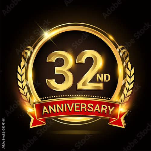 32nd golden anniversary logo, with shiny ring and red ribbon, laurel wreath isolated on black background, vector design