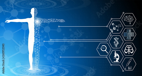 abstract background technology concept in blue light,brain and human body heal ,technology modern medical science in future and global international medical with tests analysis clone DNA human