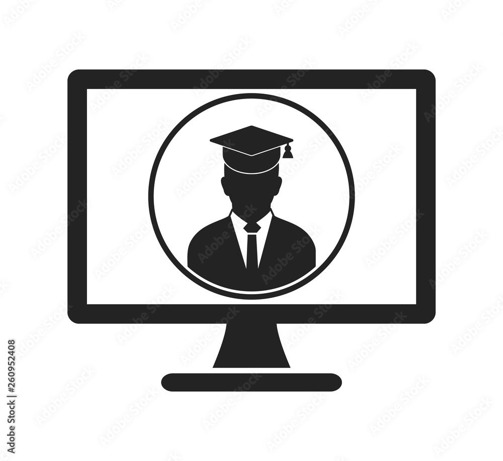 E Learning Icon. Graduate student symbol on Computer Monitor. Flat style vector EPS. E Learning Icon. Graduate student symbol on Computer Monitor. Flat style vector EPS.