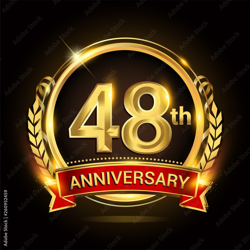 48th golden anniversary logo, with shiny ring and red ribbon, laurel wreath isolated on black background, vector design