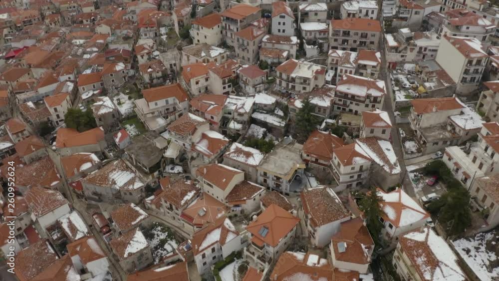 Arachova, snow on rooftops on cold day in Greece, Aerial tilt establishing shot Arachova, snow on rooftops on cold day in Greece, Aerial tilt establishing shot