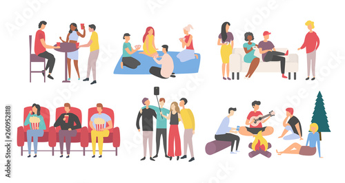 Recreation, friends pastime together and meeting vector. Party in bar and picnic, coffee house and cinema or movies, selfie or taking photo and camping