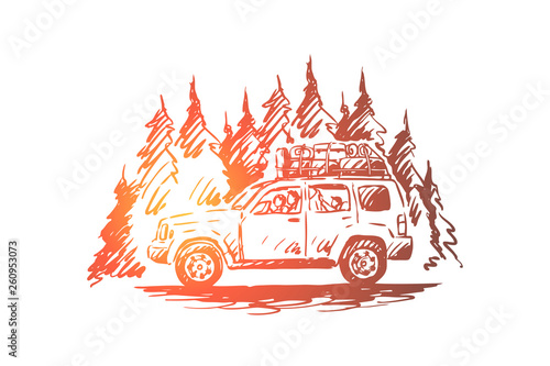 Travel, car, forest, trip, adventure concept. Hand drawn isolated vector.