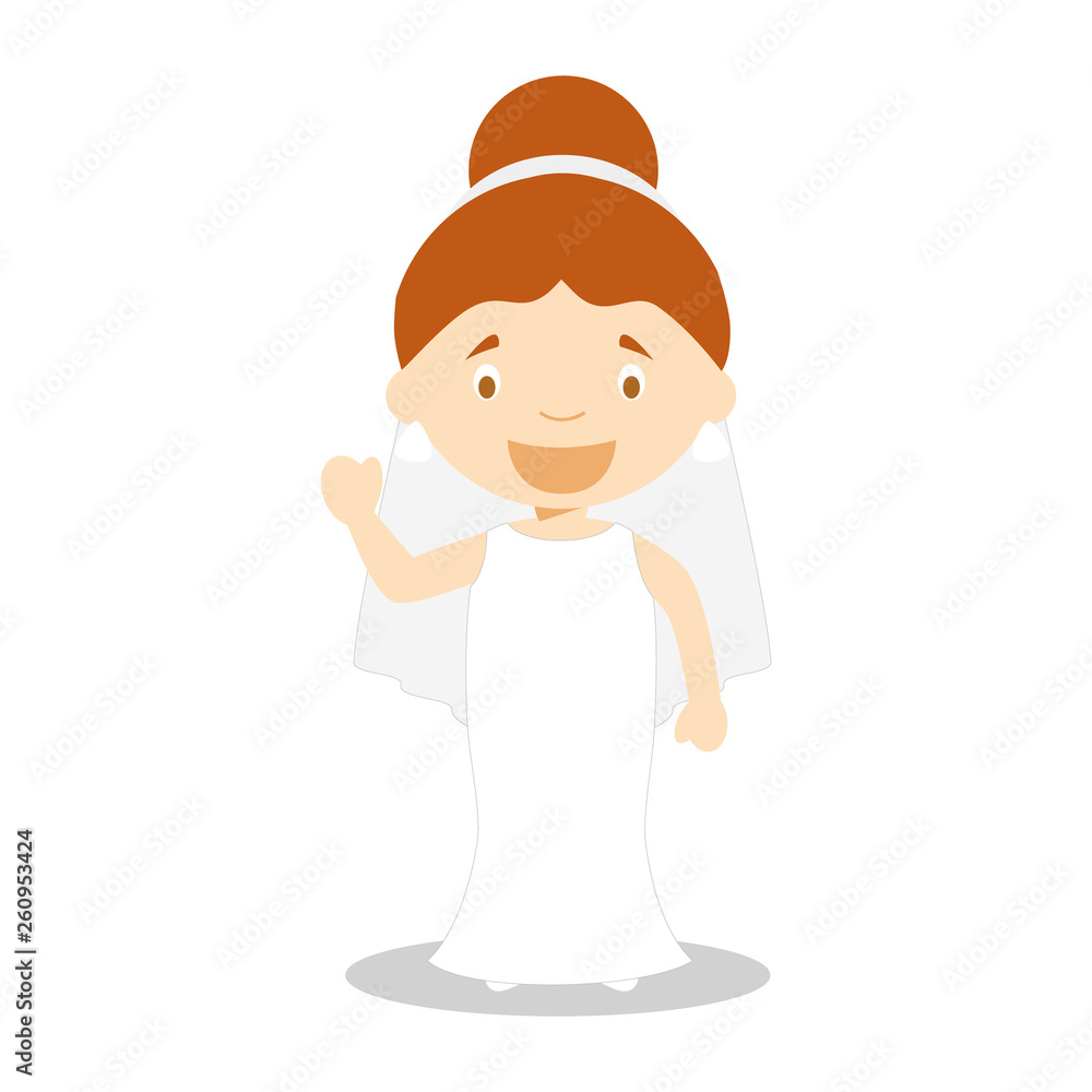 Caucasian bride wearing a wedding dress in cartoon style Vector Illustration