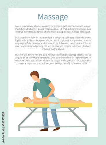 Massage poster with masseuse making relaxing movements on back. Male lying on table in spa salon vector healthcare concept, medical treatment procedure
