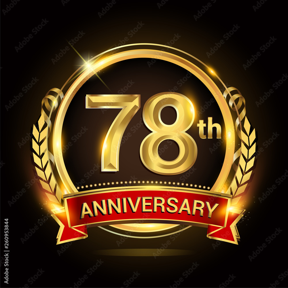 78th golden anniversary logo, with shiny ring and red ribbon, laurel wreath isolated on black background, vector design 78th golden anniversary logo, with shiny ring and red ribbon, laurel wreath isolated on black background, vector design