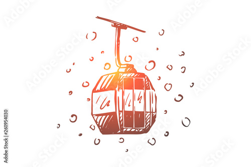Ski, lift, mountains, cabin, snow concept. Hand drawn isolated vector.