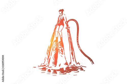 Flyboard, water, recreation, sea, sport concept. Hand drawn isolated vector.