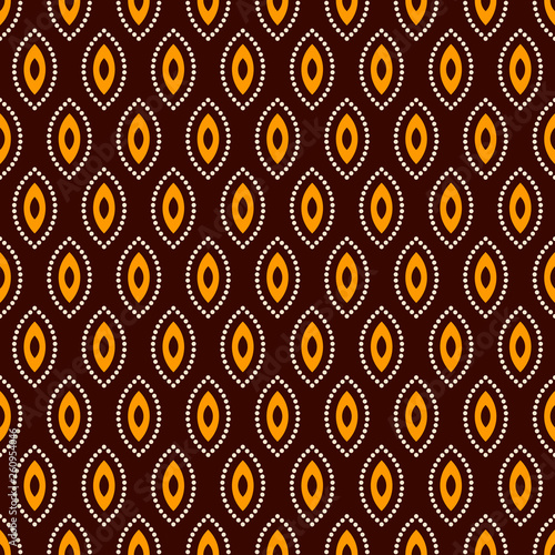 Abstract seamless vector pattern. Regularly repeating beige, yellow geometric shapes on dark brown background.