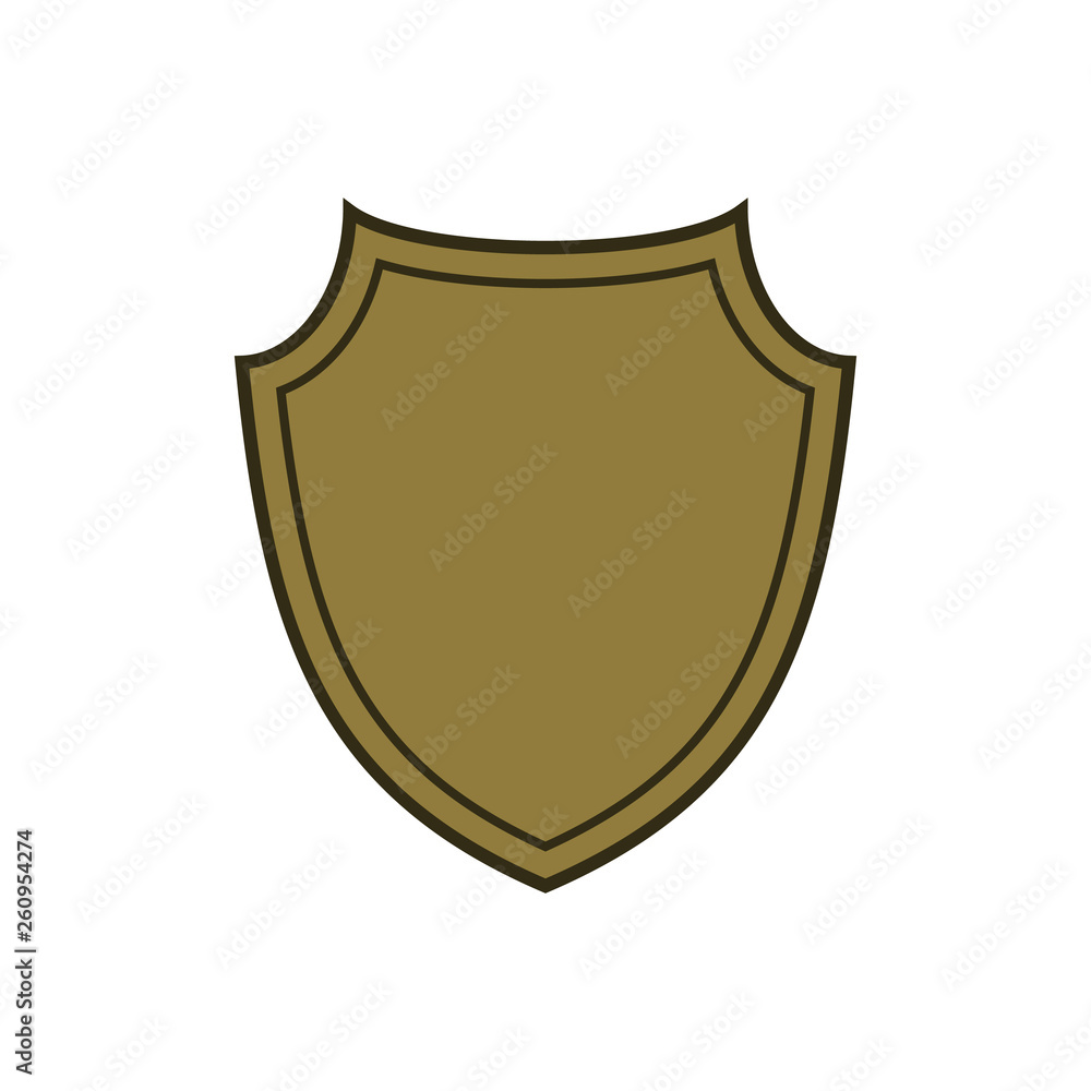 Shield shape gold icon. Simple flat logo on white background. Symbol of security, protection, safety, strong. Element badge for protect design emblem decoration Vector illustration Shield shape gold icon. Simple flat logo on white background. Symbol of security, protection, safety, strong. Element badge for protect design emblem decoration Vector illustration