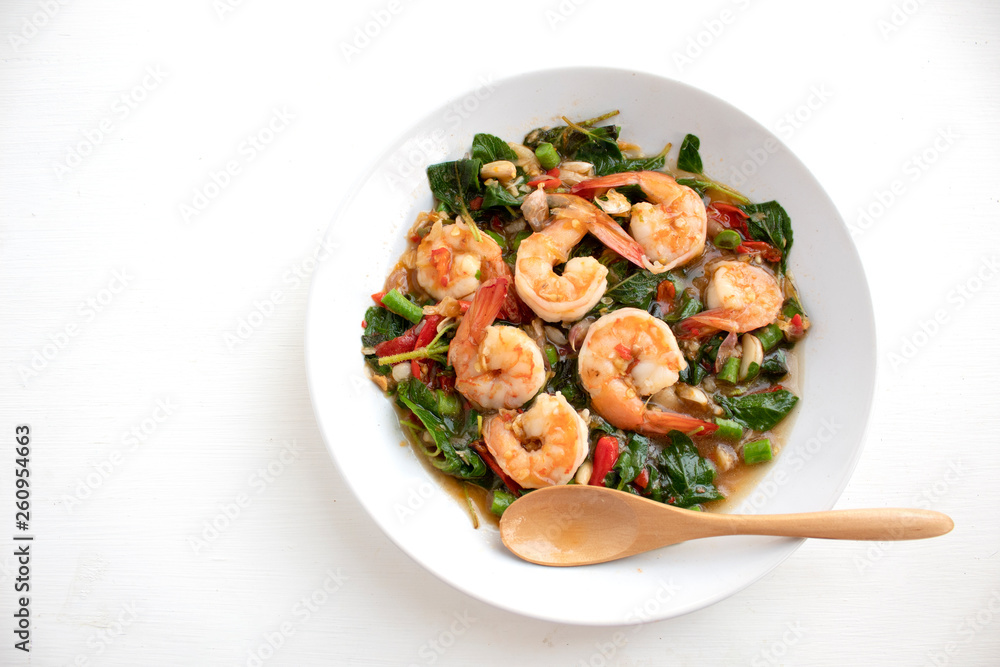 stir fried shrimp basil on white background stir fried shrimp basil on white background