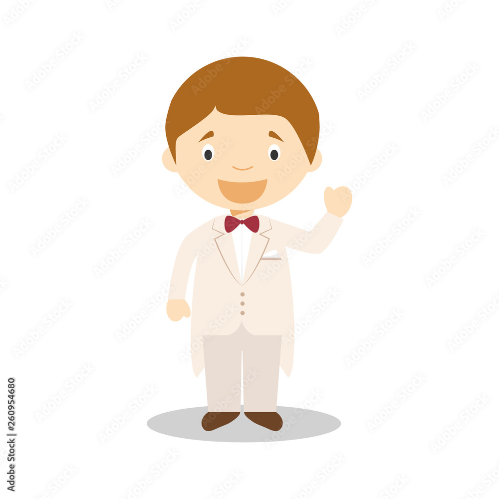 Caucasian bridegroom wearing a cream tuxedo in cartoon style Vector Illustration