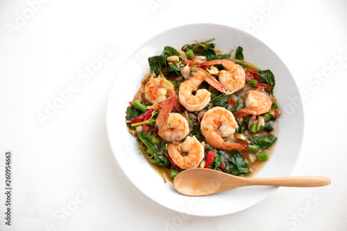 stir fried shrimp basil on white background
