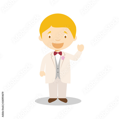 Caucasian bridegroom wearing a cream suit in cartoon style Vector Illustration