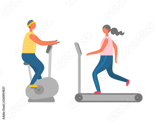 Woman running on treadmill, man on exercise bike, cardio training, side view of people in sportswear, modern sporty equipment, athletic human vector