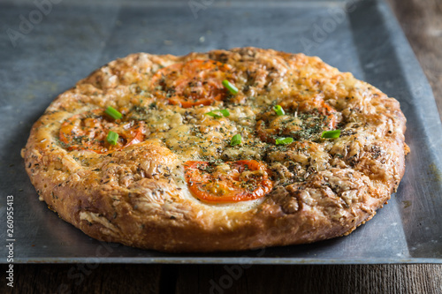 Focaccia with tomatoes and cheese