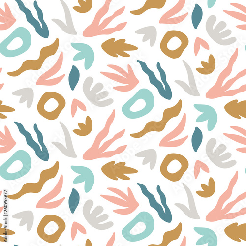 Abstract seamless pattern. Trendy print with hand drawn leaves and shapes. Vector design template.