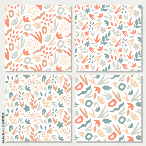 Wallpaper Mural Vector hand-drawn seamless background set. Foliage seamless pattern collection. Leaves and abstract shapes in pastel colors. Torontodigital.ca