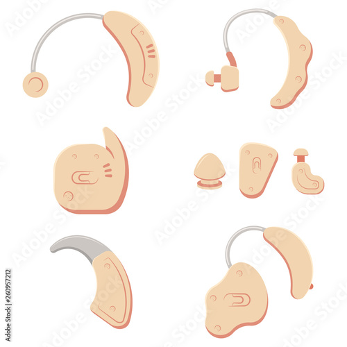 Hearing aids of different types. Vector cartoon set of medical equipment for people with disabilities isolated on white background.